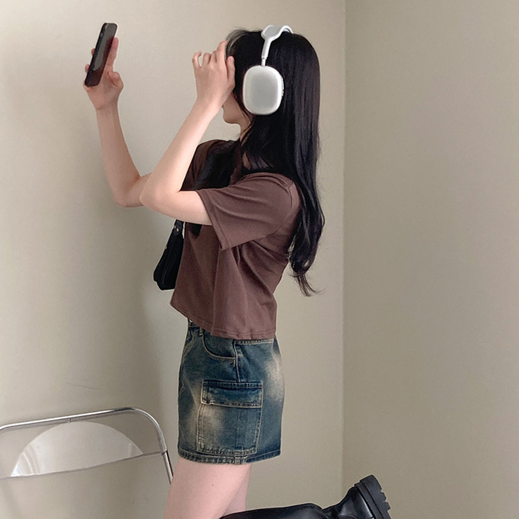 無地クロップ半袖Tシャツ(10color) BROWN