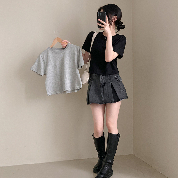 無地クロップ半袖Tシャツ(10color) BLACK