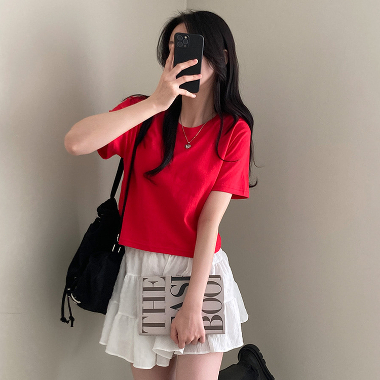 無地クロップ半袖Tシャツ(10color) RED