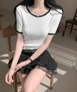ニット バイカラーシンプル半袖ニット IVORY