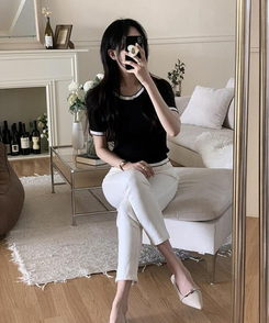 ニット バイカラーシンプル半袖ニット BLACK