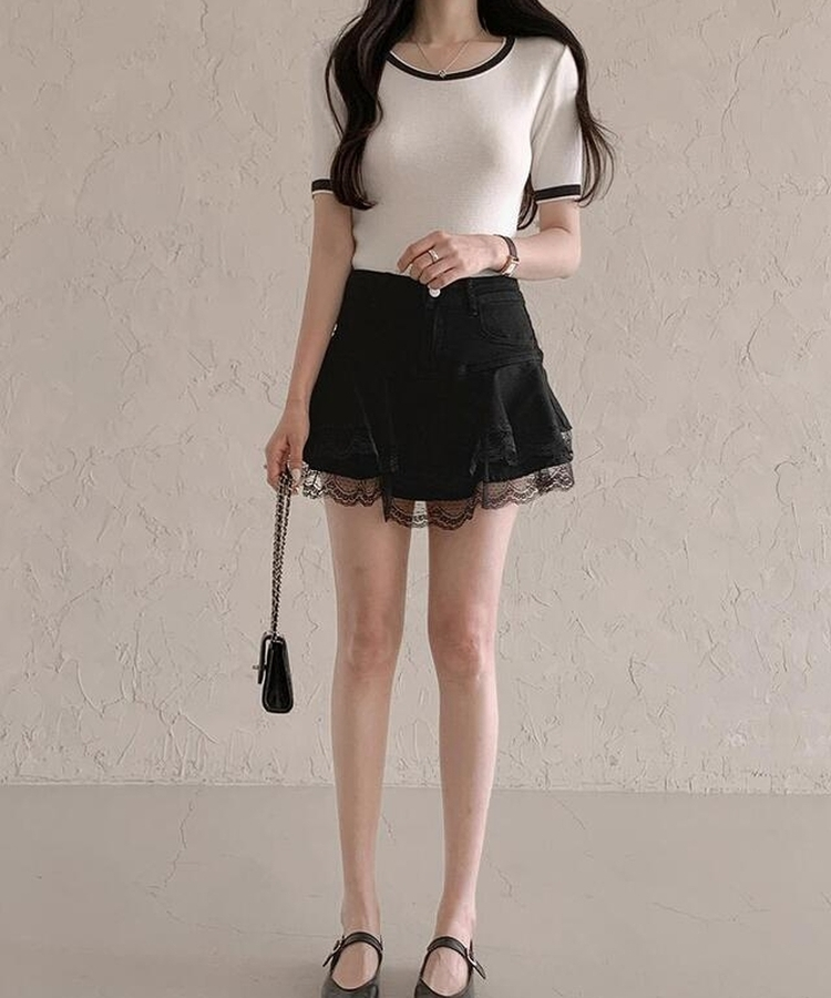 バイカラーシンプル半袖ニット IVORY