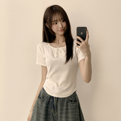 半袖Tシャツ ラウンドボタンセミクロップ半袖Tシャツ(7color) WHITE