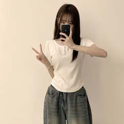 半袖Tシャツ ラウンドボタンセミクロップ半袖Tシャツ(7color) WHITE