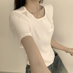 半袖Tシャツ ラウンドボタンセミクロップ半袖Tシャツ(7color) WHITE