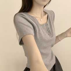 半袖Tシャツ ラウンドボタンセミクロップ半袖Tシャツ(7color) GREY