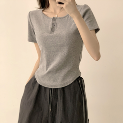 半袖Tシャツ ラウンドボタンセミクロップ半袖Tシャツ(7color) GREY