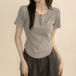 半袖Tシャツ ラウンドボタンセミクロップ半袖Tシャツ(7color) GREY