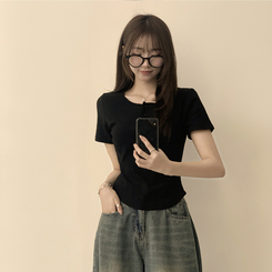 半袖Tシャツ ラウンドボタンセミクロップ半袖Tシャツ(7color) BLACK
