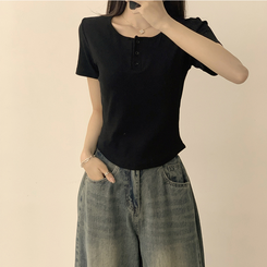 半袖Tシャツ ラウンドボタンセミクロップ半袖Tシャツ(7color) BLACK