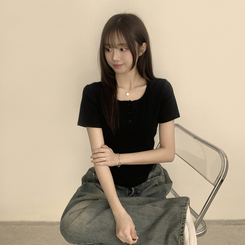 半袖Tシャツ ラウンドボタンセミクロップ半袖Tシャツ(7color) BLACK