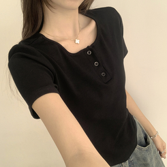 半袖Tシャツ ラウンドボタンセミクロップ半袖Tシャツ(7color) BLACK