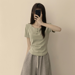 半袖Tシャツ ラウンドボタンセミクロップ半袖Tシャツ(7color) MINT