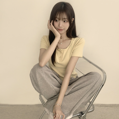 半袖Tシャツ ラウンドボタンセミクロップ半袖Tシャツ(7color) LIGHT YELLOW