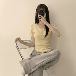 半袖Tシャツ ラウンドボタンセミクロップ半袖Tシャツ(7color) LIGHT YELLOW