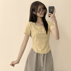 半袖Tシャツ ラウンドボタンセミクロップ半袖Tシャツ(7color) LIGHT YELLOW
