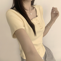 半袖Tシャツ ラウンドボタンセミクロップ半袖Tシャツ(7color) LIGHT YELLOW