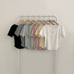 半袖Tシャツ ラウンドボタンセミクロップ半袖Tシャツ(7color)