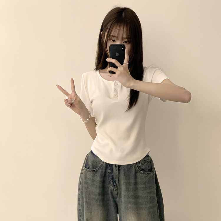ラウンドボタンセミクロップ半袖Tシャツ(7color) WHITE