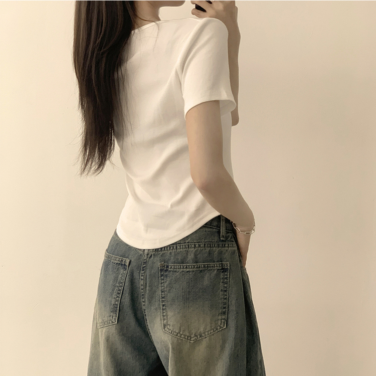 ラウンドボタンセミクロップ半袖Tシャツ(7color) WHITE