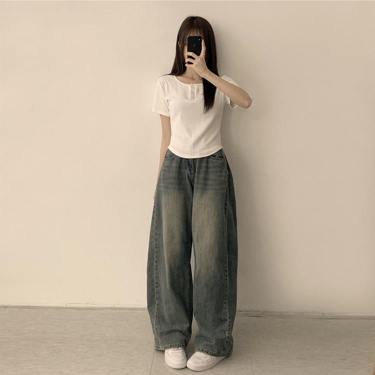 ラウンドボタンセミクロップ半袖Tシャツ(7color) WHITE