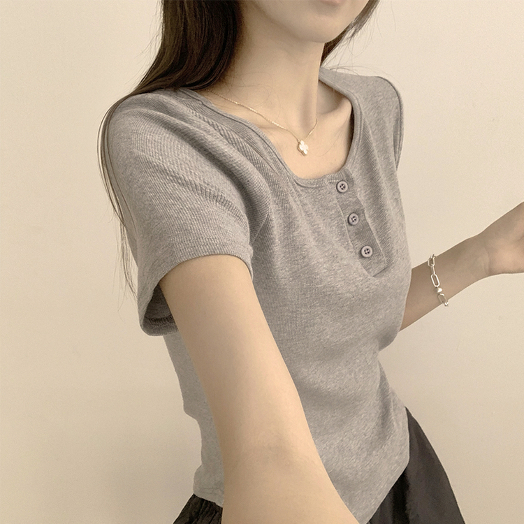ラウンドボタンセミクロップ半袖Tシャツ(7color) GREY