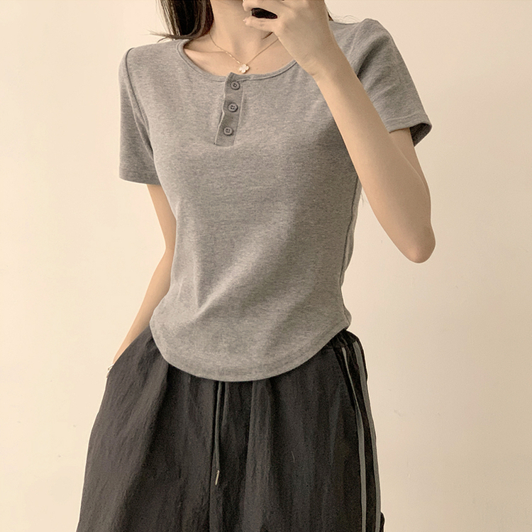 ラウンドボタンセミクロップ半袖Tシャツ(7color) GREY