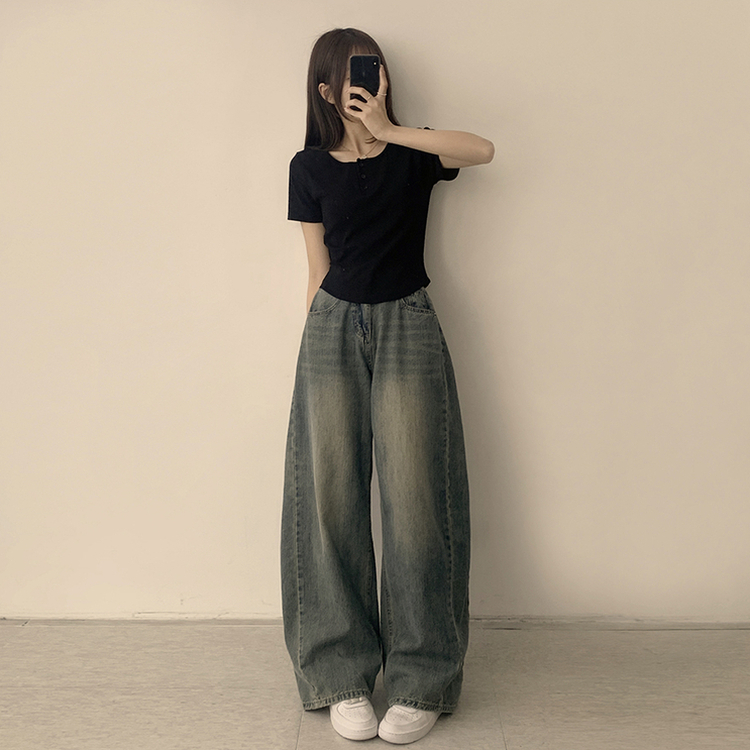 ラウンドボタンセミクロップ半袖Tシャツ(7color) BLACK