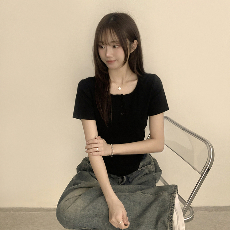 ラウンドボタンセミクロップ半袖Tシャツ(7color) BLACK