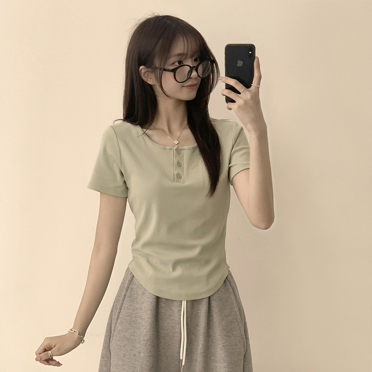 ラウンドボタンセミクロップ半袖Tシャツ(7color) MINT