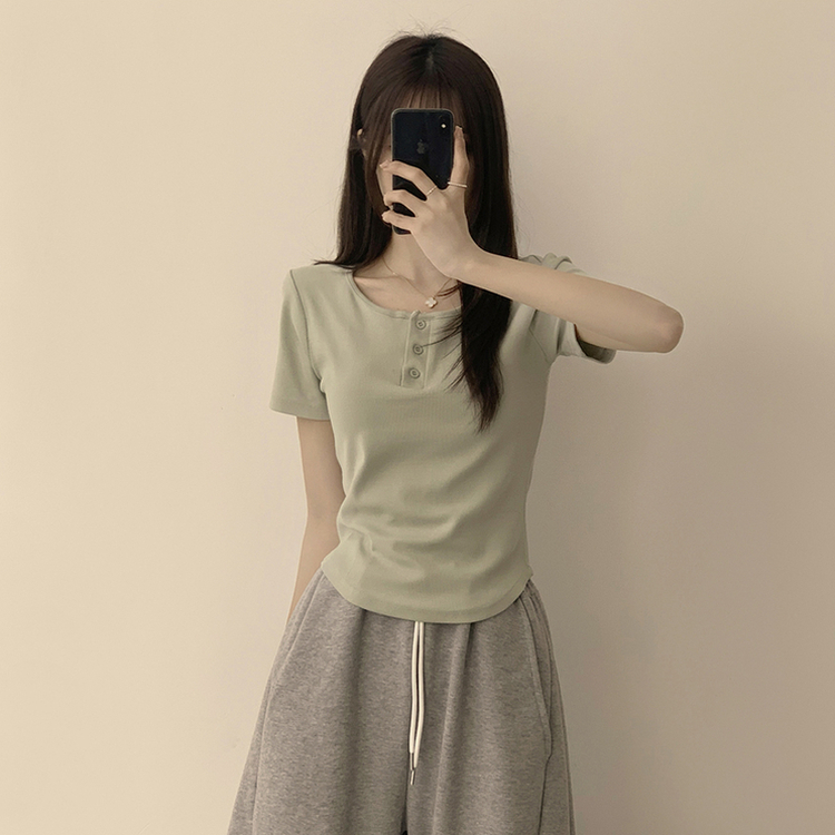 ラウンドボタンセミクロップ半袖Tシャツ(7color) MINT