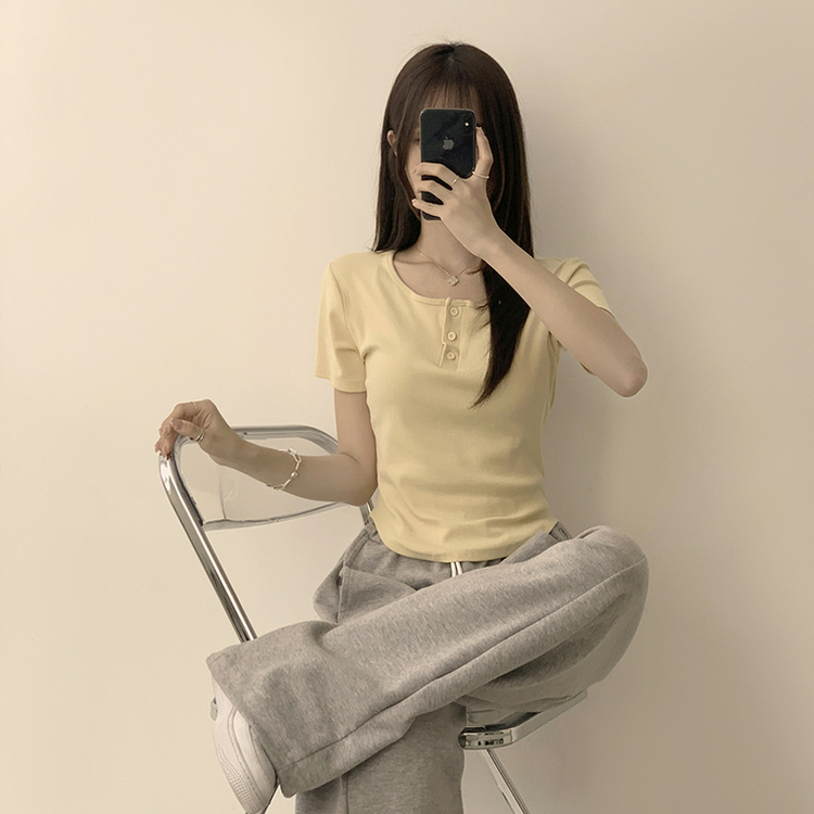 ラウンドボタンセミクロップ半袖Tシャツ(7color) LIGHT YELLOW