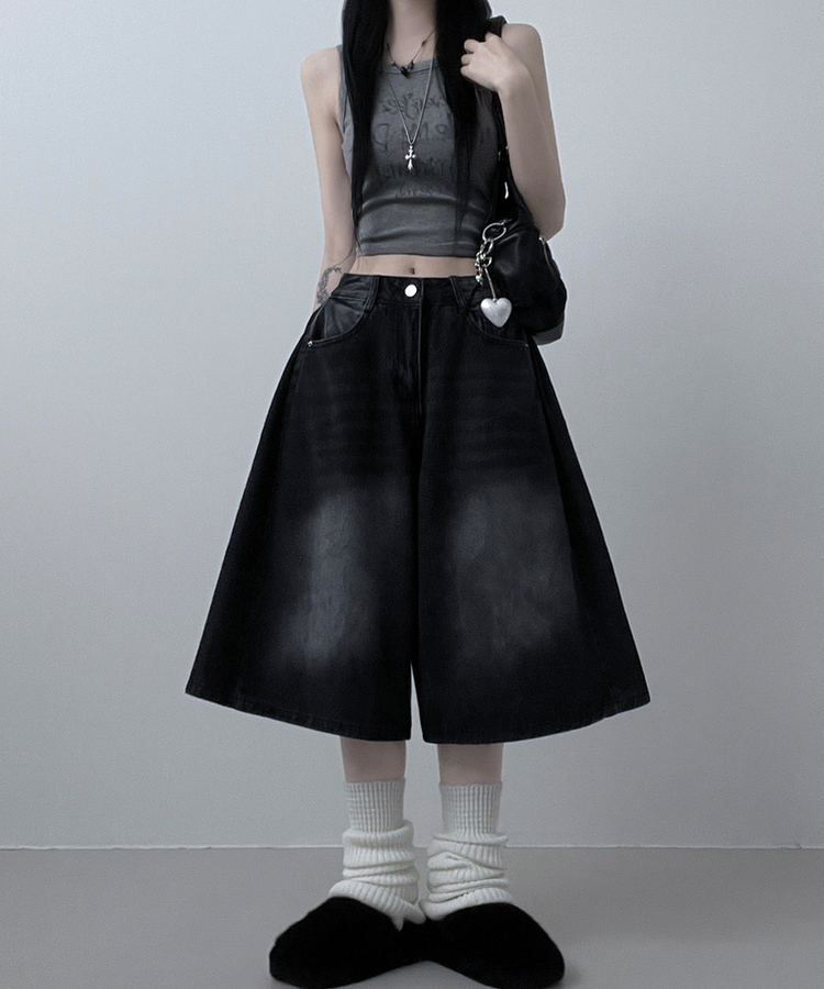 ボリュームウォッシングデニムバミューダパンツ BLACK DENIM