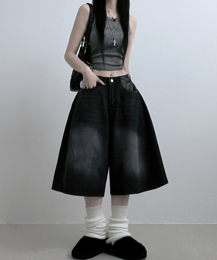 ボリュームウォッシングデニムバミューダパンツ BLACK DENIM
