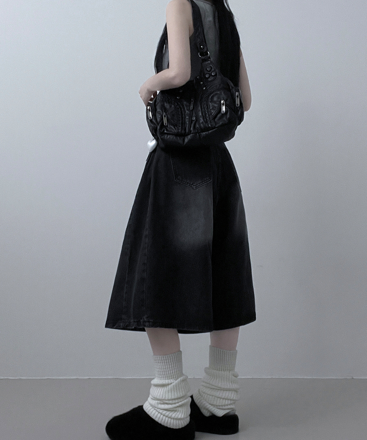 ボリュームウォッシングデニムバミューダパンツ BLACK DENIM