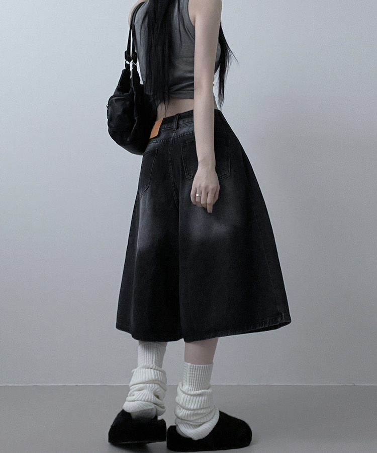 ボリュームウォッシングデニムバミューダパンツ BLACK DENIM