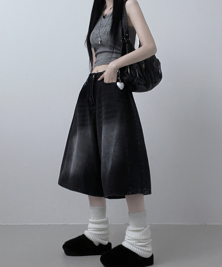 ボリュームウォッシングデニムバミューダパンツ BLACK DENIM
