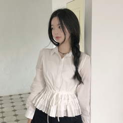 [허리잘록핏보장!]리본 스트링 레이어드 캉캉 프릴 퍼프 남방 셔츠 블라우스 3color 화이트