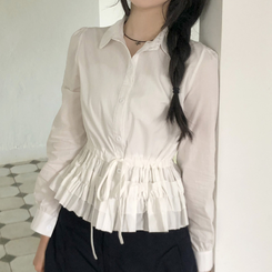 [허리잘록핏보장!]리본 스트링 레이어드 캉캉 프릴 퍼프 남방 셔츠 블라우스 3color 화이트