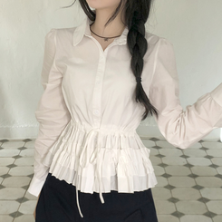[허리잘록핏보장!]리본 스트링 레이어드 캉캉 프릴 퍼프 남방 셔츠 블라우스 3color 화이트