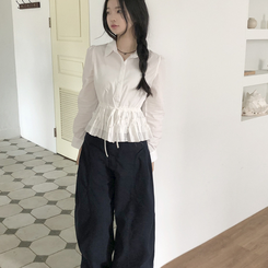 [허리잘록핏보장!]리본 스트링 레이어드 캉캉 프릴 퍼프 남방 셔츠 블라우스 3color 화이트