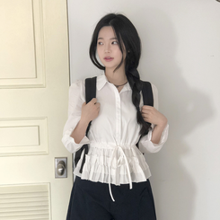 [허리잘록핏보장!]리본 스트링 레이어드 캉캉 프릴 퍼프 남방 셔츠 블라우스 3color 화이트