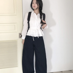 [허리잘록핏보장!]리본 스트링 레이어드 캉캉 프릴 퍼프 남방 셔츠 블라우스 3color 화이트