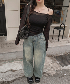 長袖Tシャツ オフショルダーシースルー長袖Tシャツ BLACK