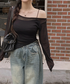長袖Tシャツ オフショルダーシースルー長袖Tシャツ BLACK