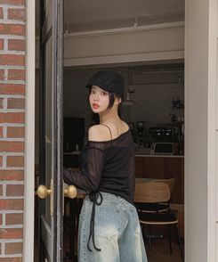 長袖Tシャツ オフショルダーシースルー長袖Tシャツ BLACK