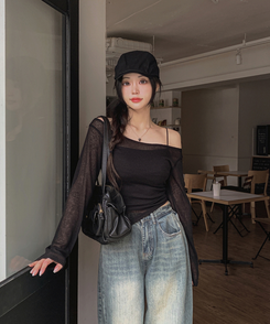 長袖Tシャツ オフショルダーシースルー長袖Tシャツ BLACK