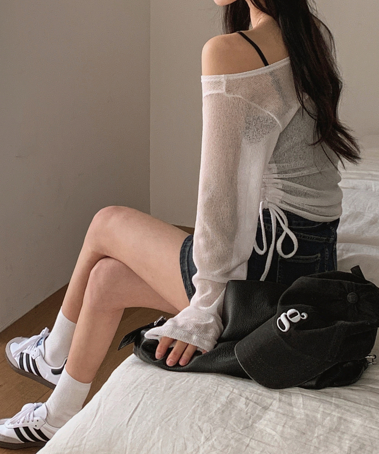 オフショルダーシースルー長袖Tシャツ IVORY