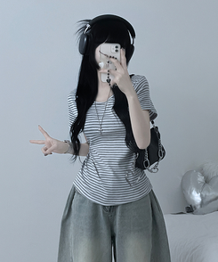 ストライプラウンド半袖Tシャツ GRAY