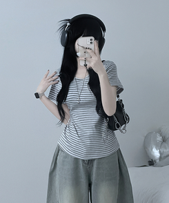 ストライプラウンド半袖Tシャツ GRAY